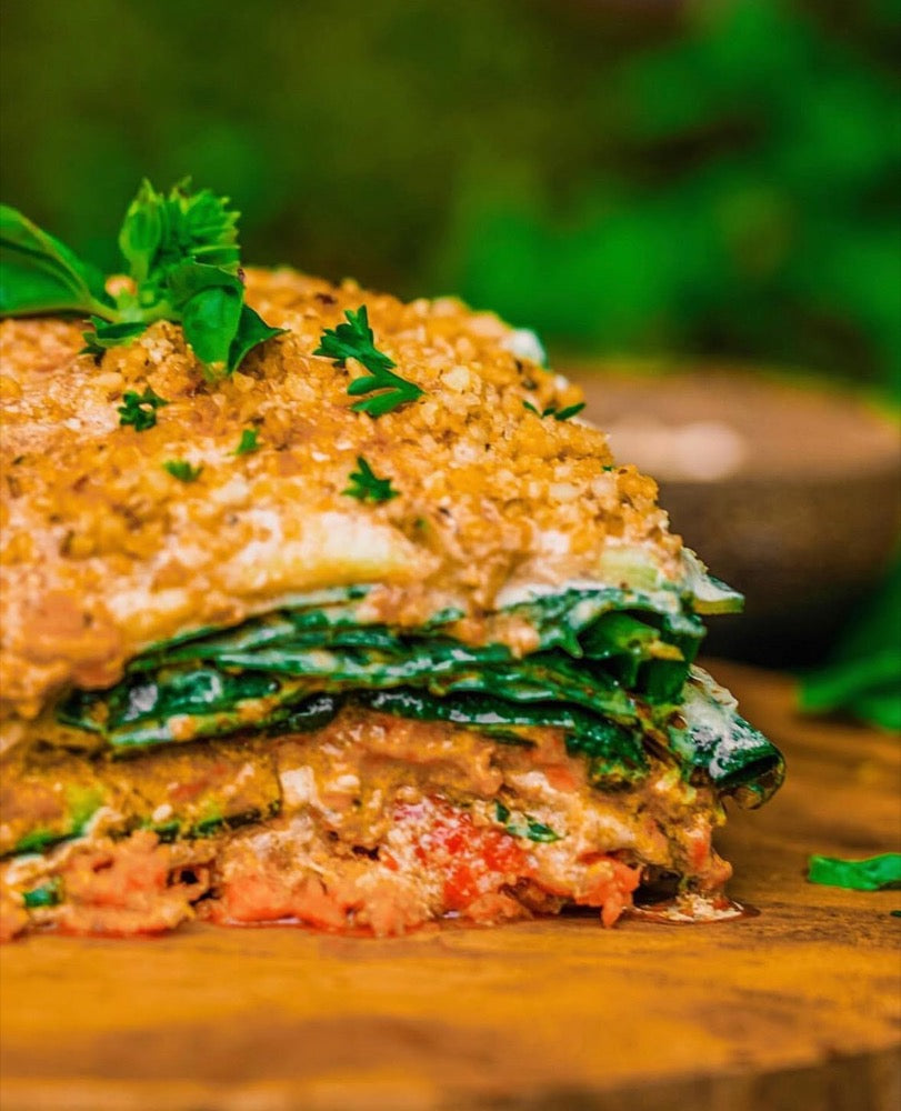 Layers of raw vegan lasagne from the Seeds of Life kitchen